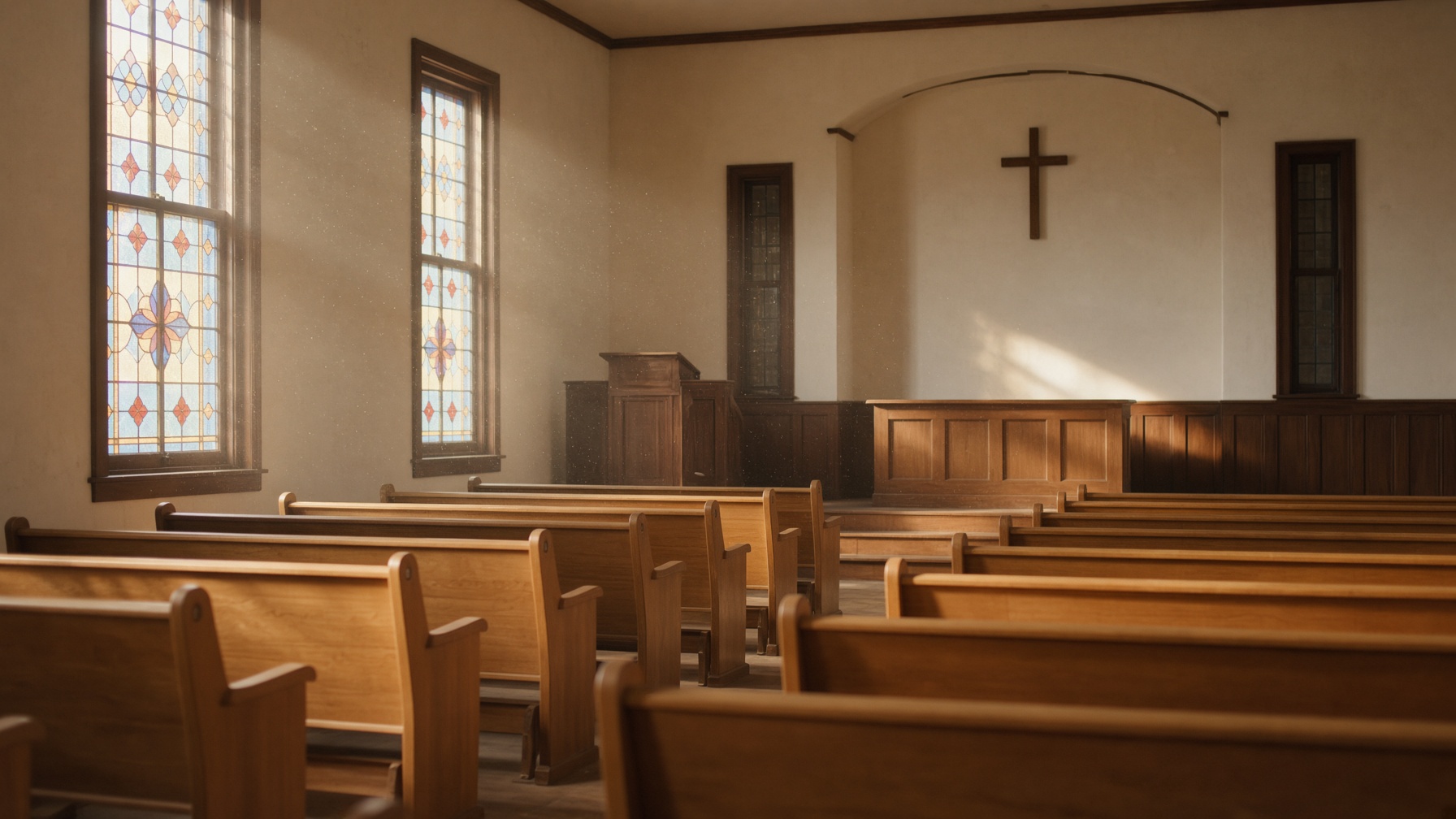 Empty wooden pews in a quiet sanctuary