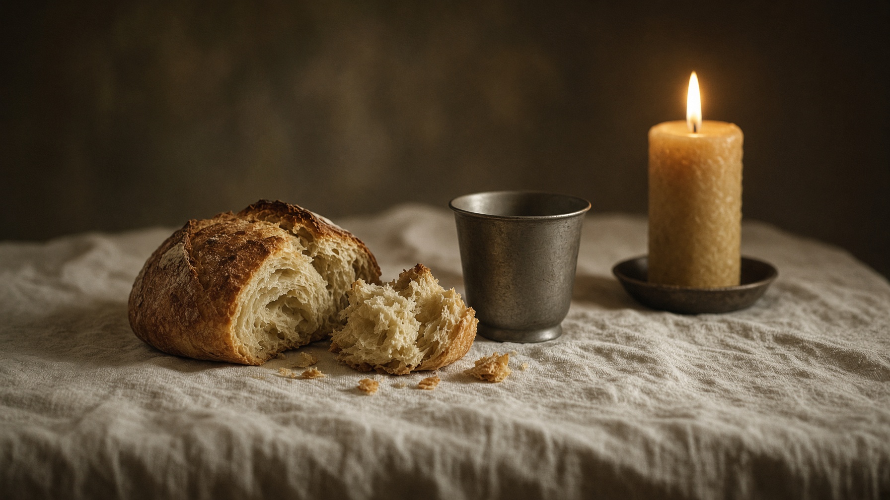 Bread and a cup on a linen table with a candle
