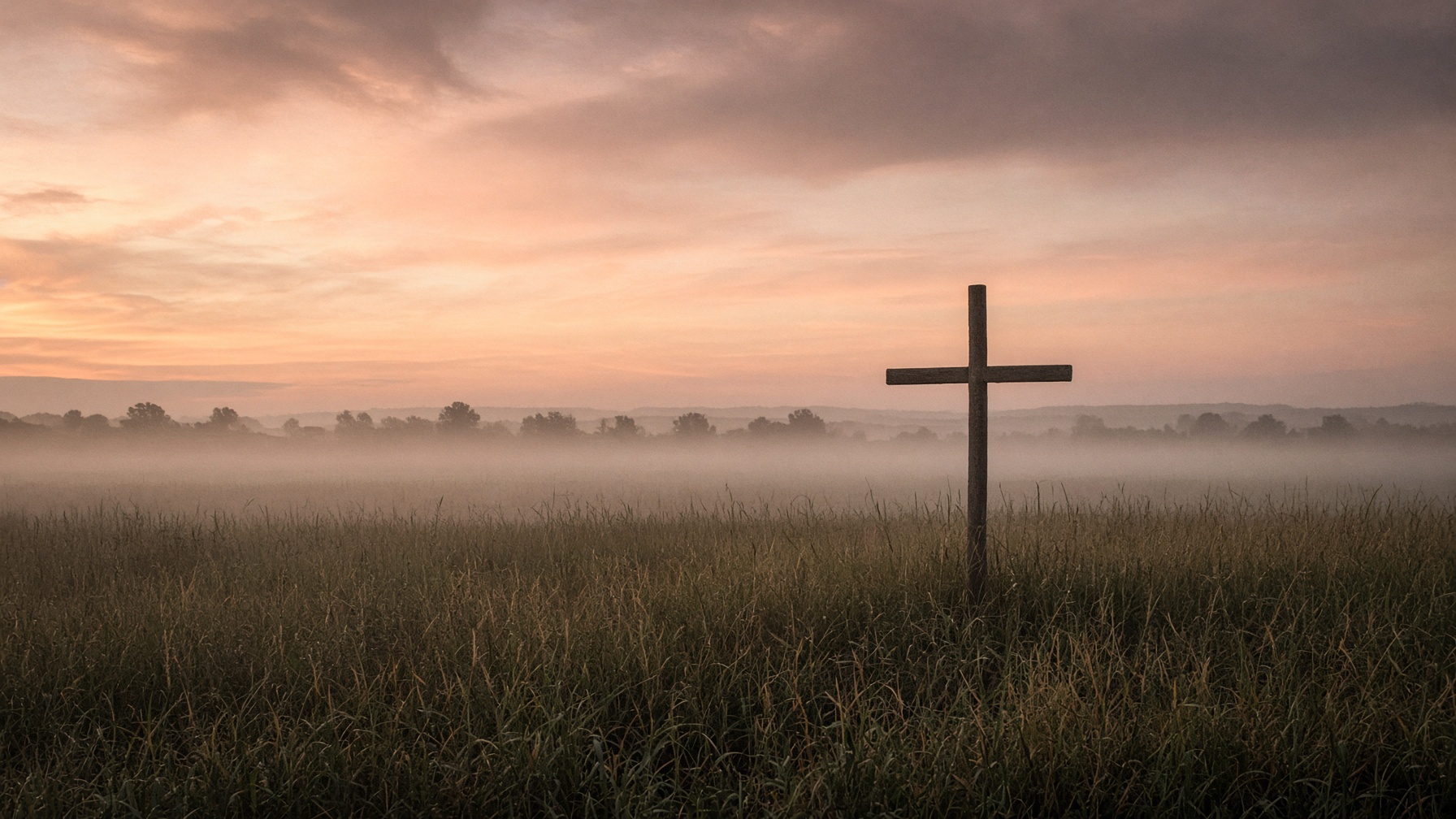 A wooden cross standing in a field at dawn
