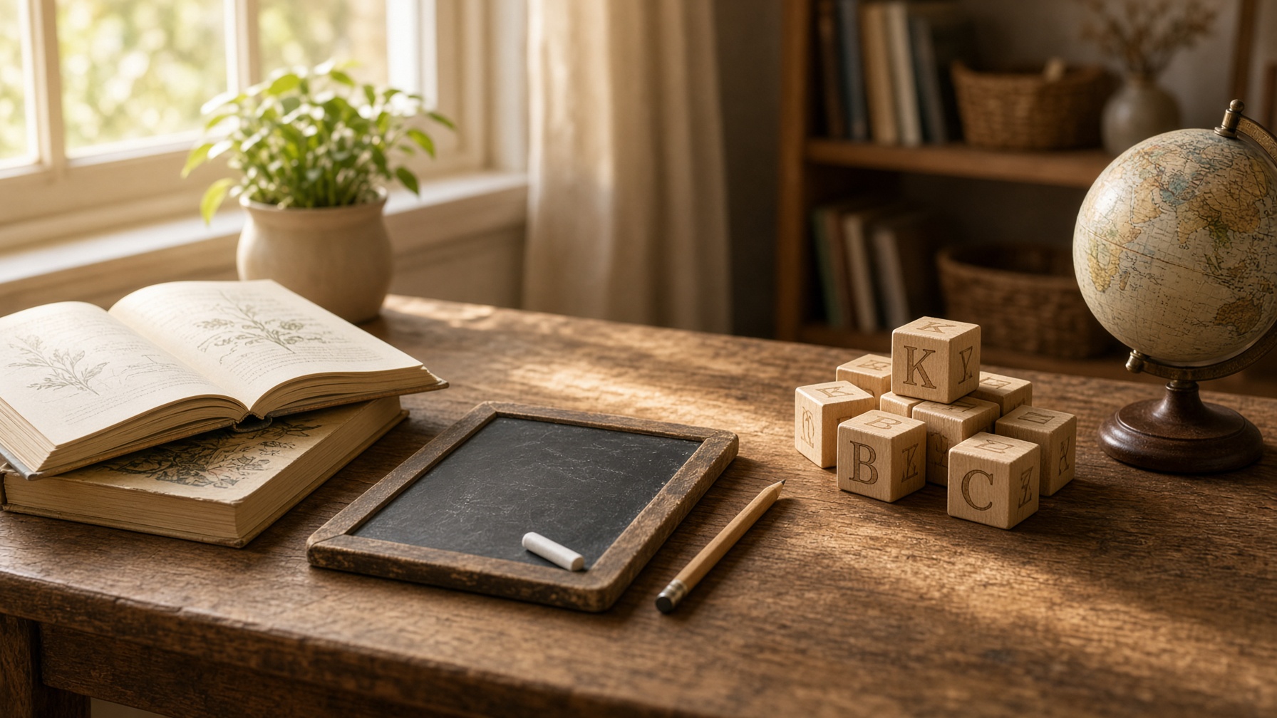 A homeschool table with books, blocks, and a globe in afternoon light