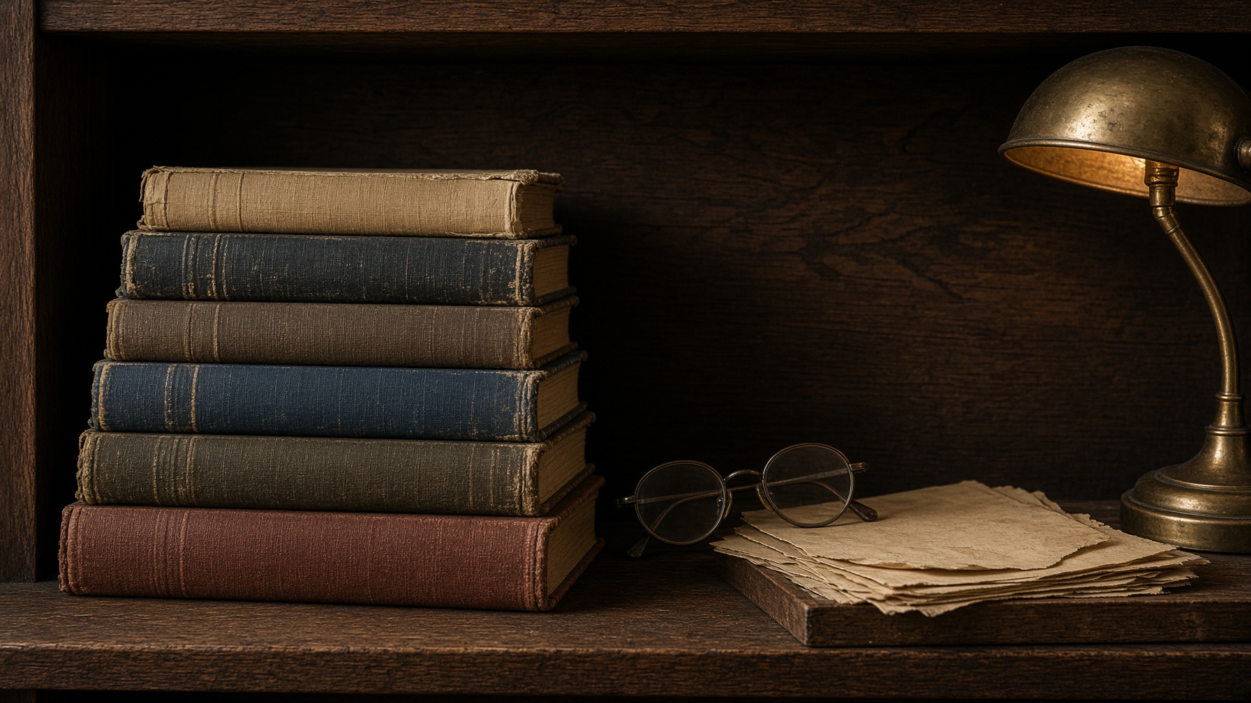 Worn theological books beside reading glasses and a lamp