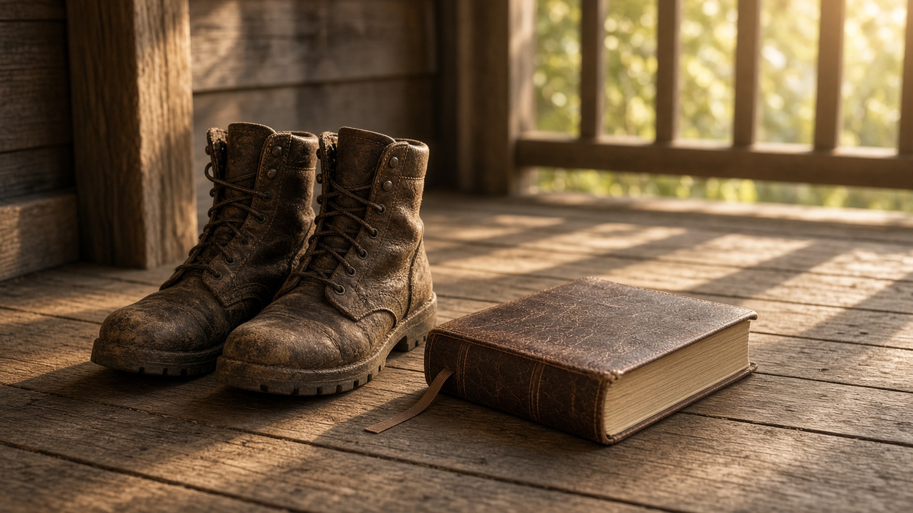 Combat boots set beside a closed Bible on a wooden porch