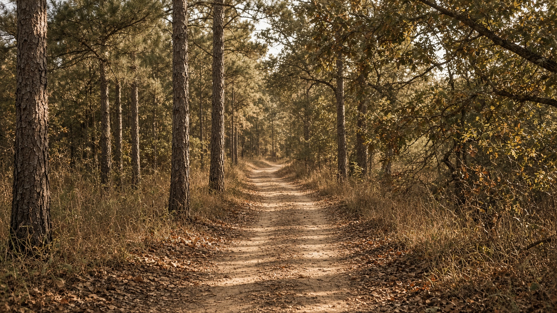 A quiet woodland path in warm autumn light